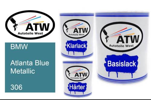 BMW, Atlanta Blue Metallic, 306: 1L Lackdose + 1L Klarlack + 500ml Härter - Set, von ATW Autoteile West.